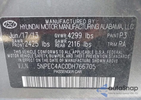 2013 Hyundai Sonata Se from USA, damaged, VIN 5NPEC4AC0DH766705